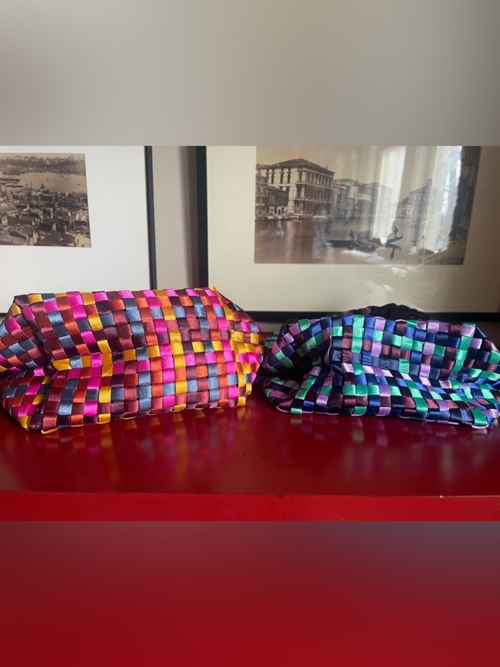 2 Handwoven Satin-Like Mini Tote Bags - Lavender/Blue/Green & Pink/Yellow/Orange - Picture 8 of 12